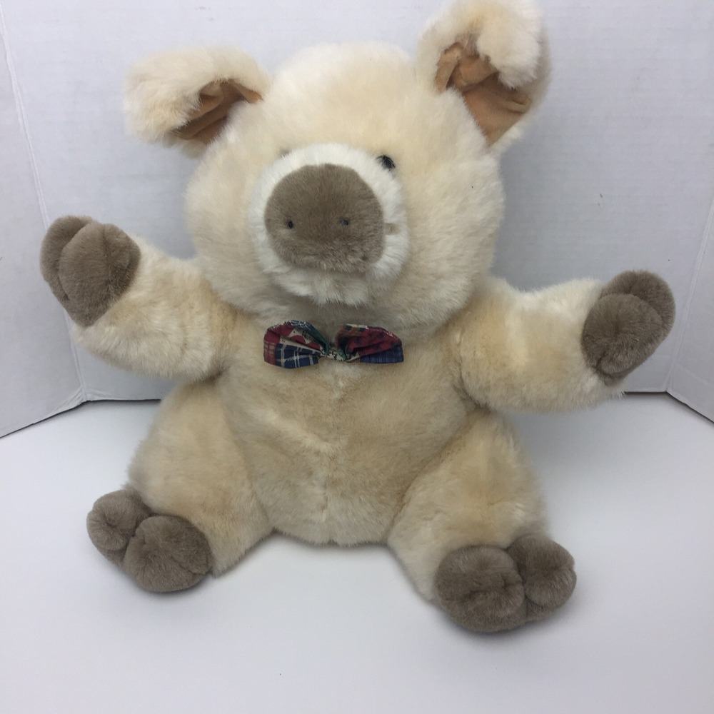 Passport Plush Toys Pig 14" Stuffed Animal Tan Cream Bowtie Sitting